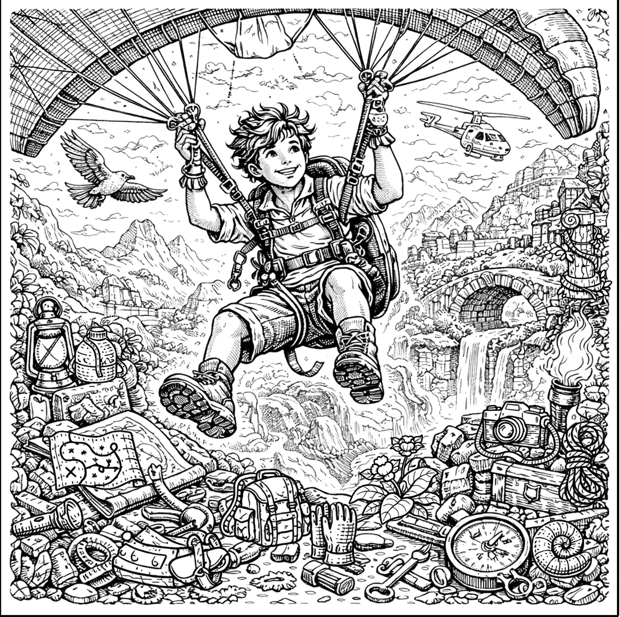 Adventure hidden-object scene with a parachuting explorer and travel gear.