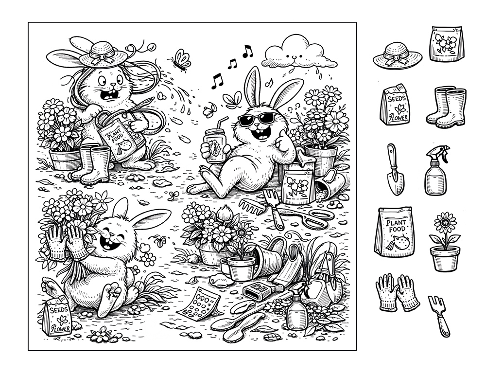 Bunnies seek and find hidden pictures – funny animals scene