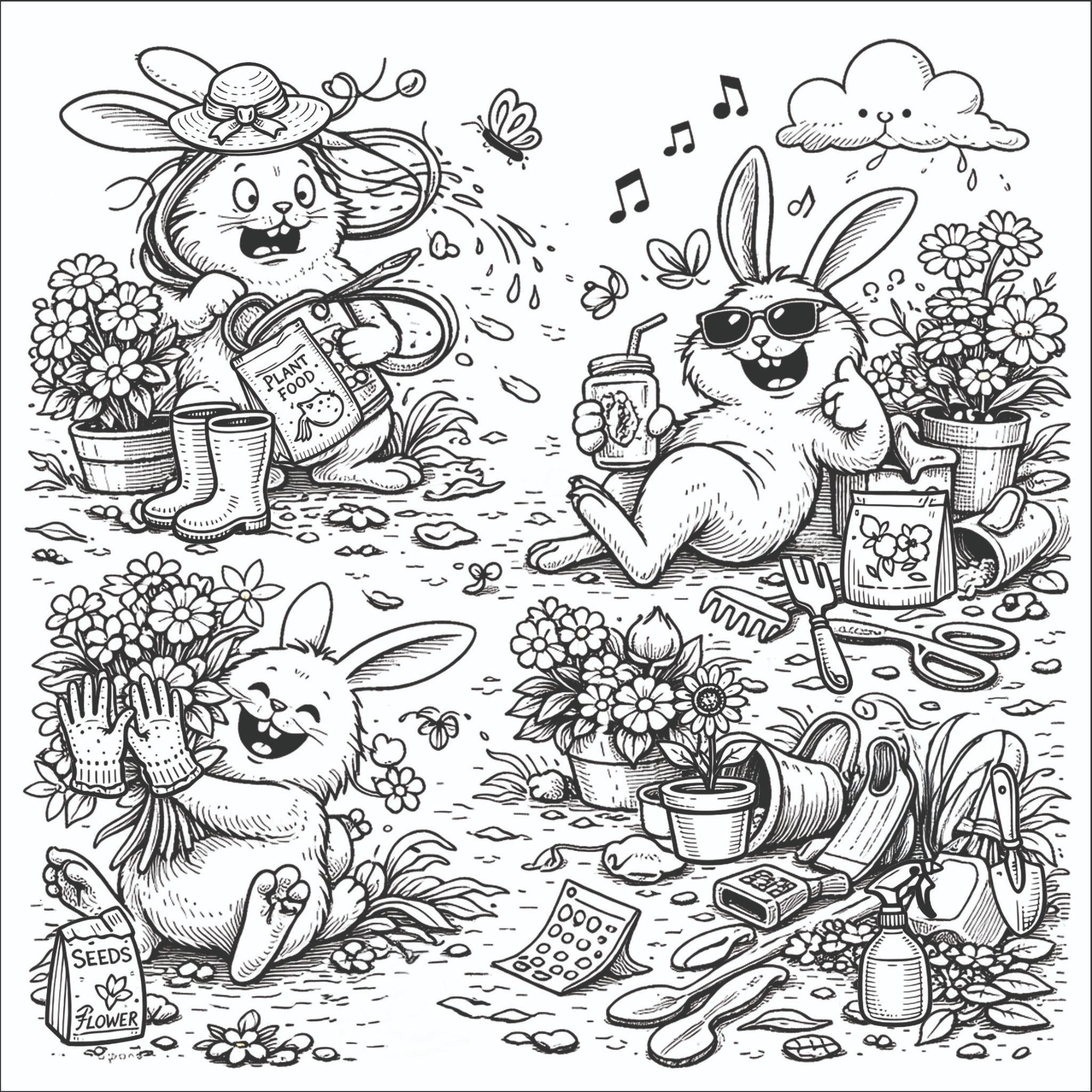 Cute bunnies hidden-object scene with flowers, gardening tools, and spring details.