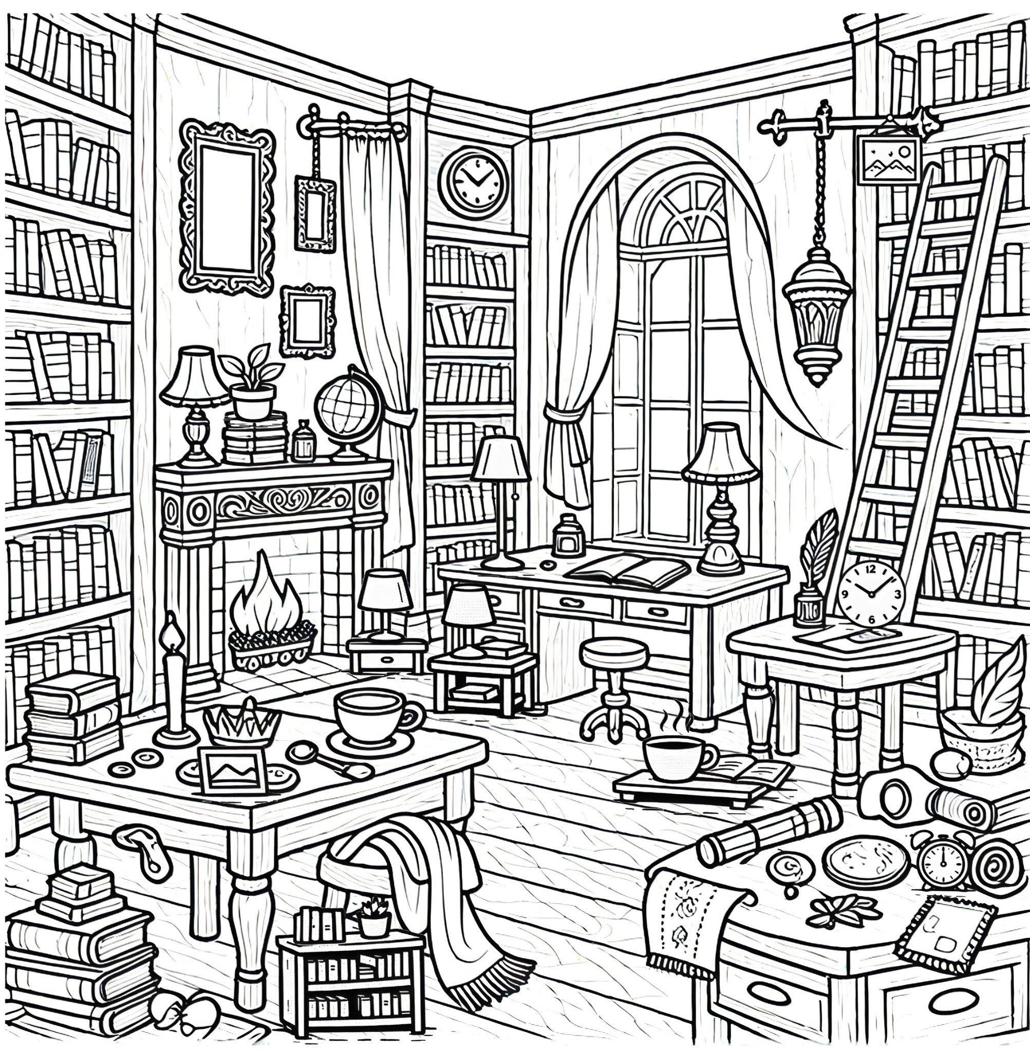 Cozy library hidden-object scene with bookshelves, desks, lamps, and reading details.