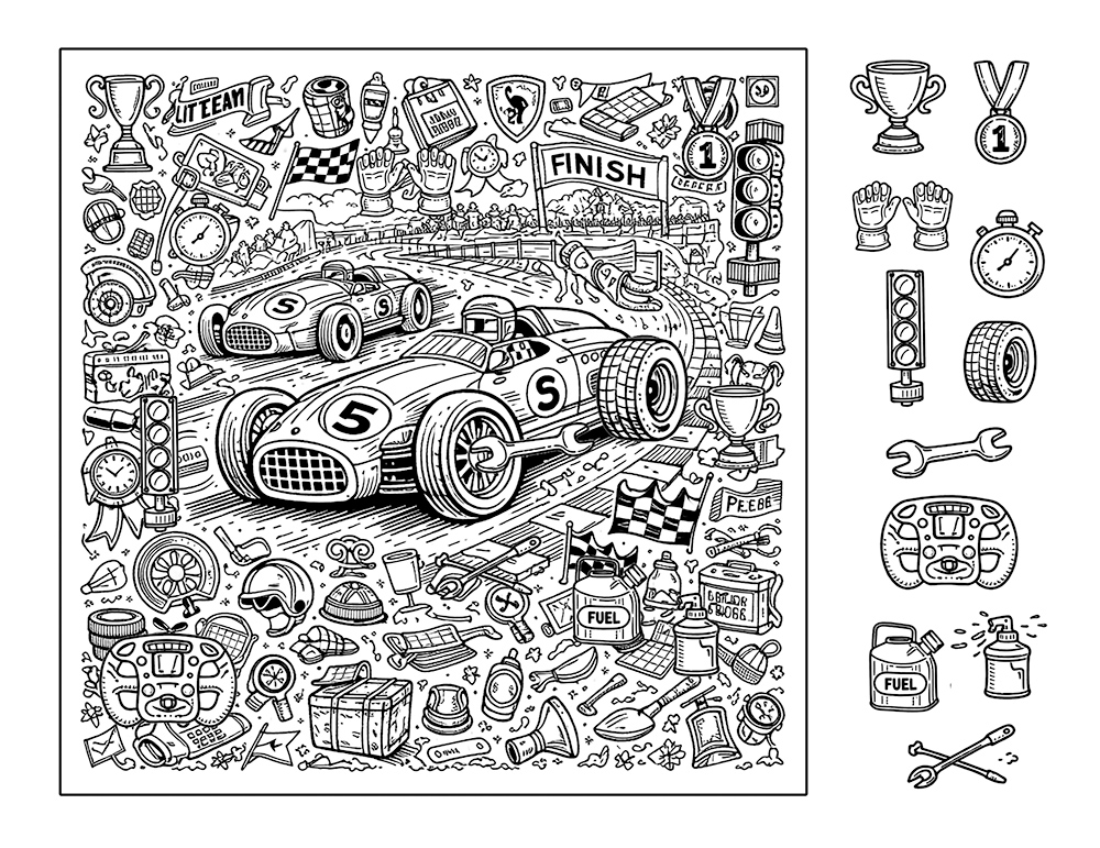 Race Day seek and find hidden pictures – machines and vehicles scene