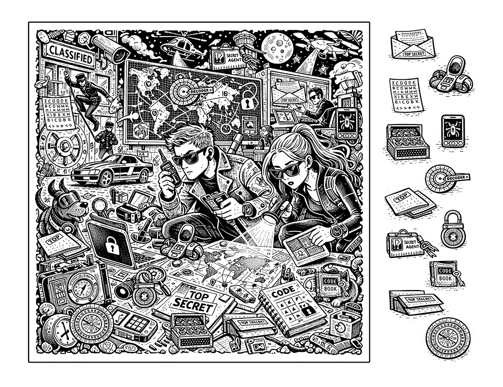 Secret Agents seek and find hidden pictures – spy adventure scene