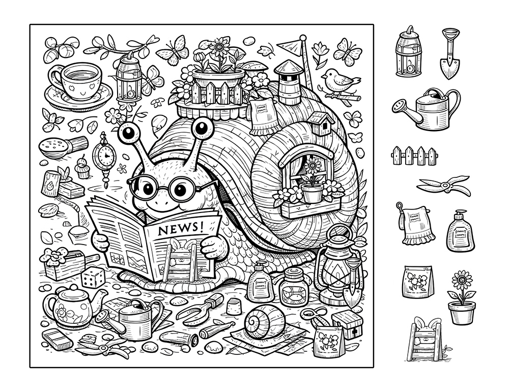 Snail seek and find hidden pictures – funny animals scene