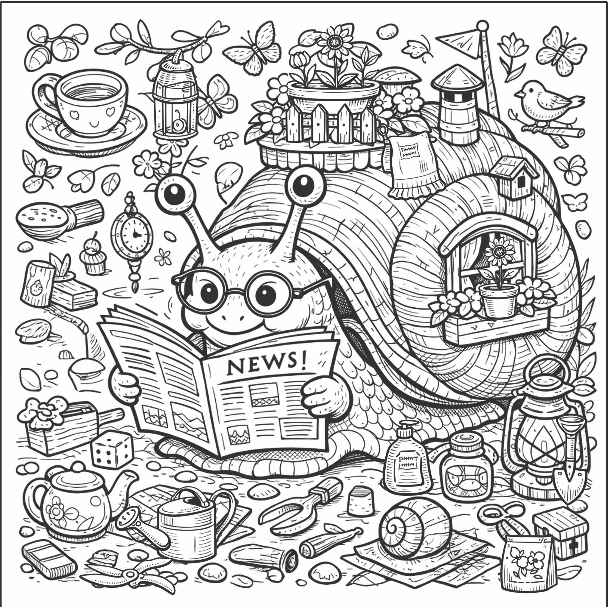 Whimsical snail home hidden-object scene with a newspaper, flowers, tools, and garden details.