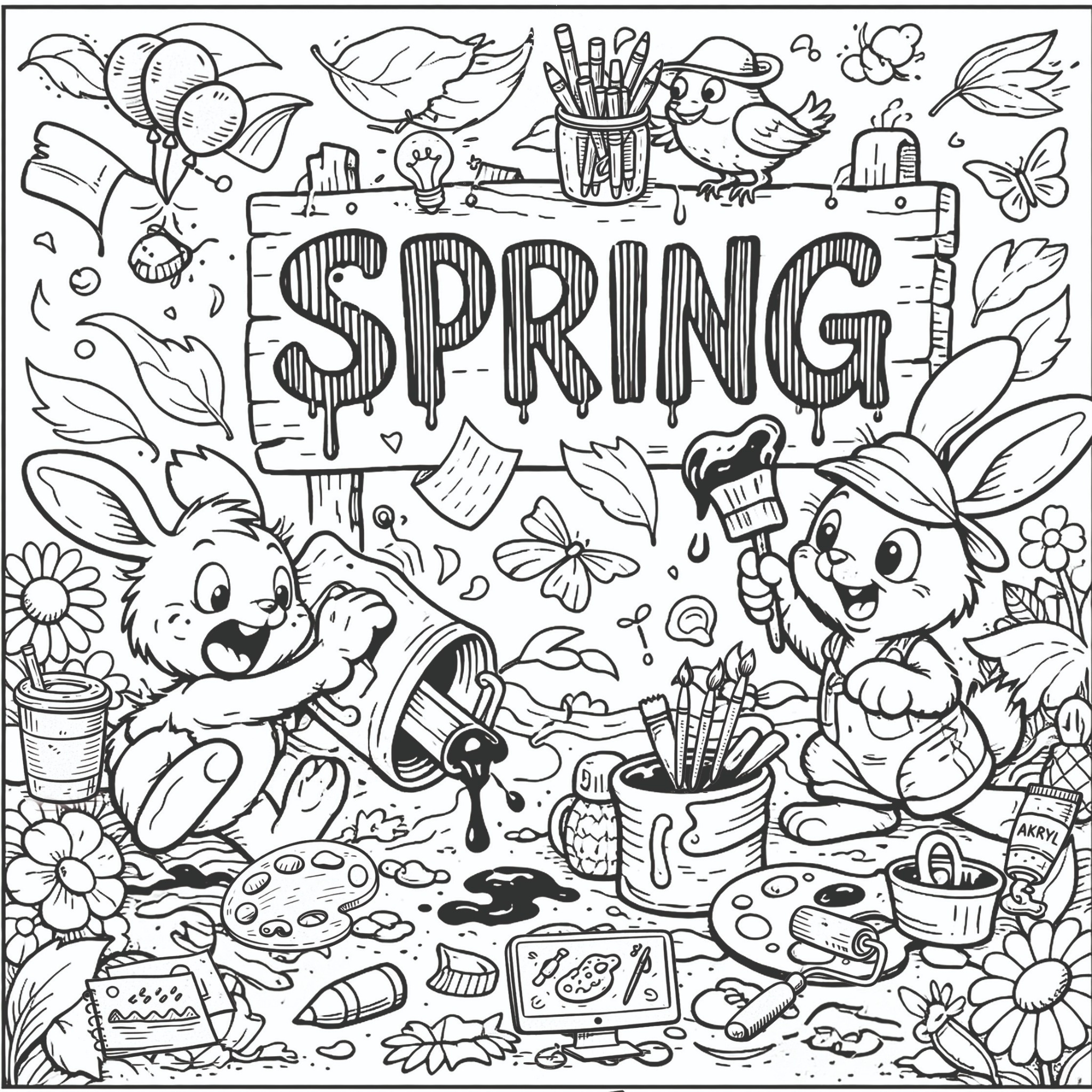 Spring-themed hidden-object scene with bunnies, art supplies, flowers, and a big spring sign.
